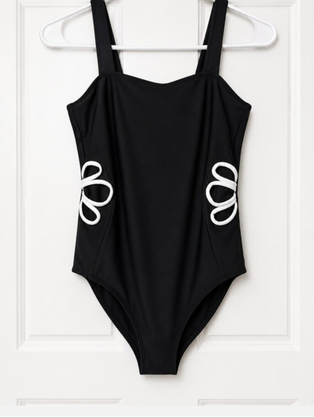 Kids Black One-Piece Swimsuit with White Side Loop Cut Out Detail Size 12 Girls